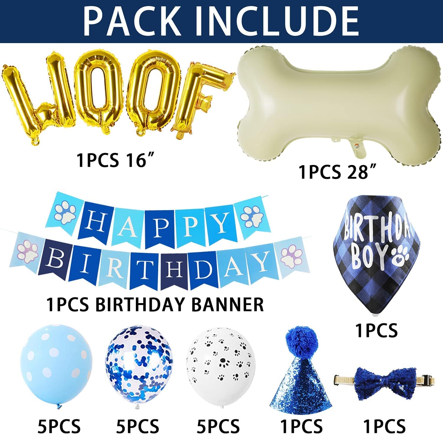 KUTKUT Dog Birthday Party Supplies, Blue Boy Dog Bandana Hat Scarfs Flag Bowtie Birthday Banner Paw Balloons Bone Foil Balloons for Boy Dog Birthday Party Decorations - kutkutstyle