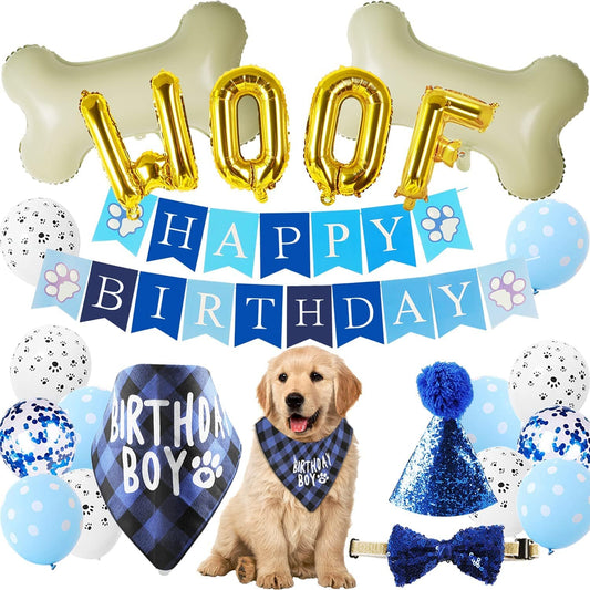 KUTKUT Dog Birthday Party Supplies, Blue Boy Dog Bandana Hat Scarfs Flag Bowtie Birthday Banner Paw Balloons Bone Foil Balloons for Boy Dog Birthday Party Decorations - kutkutstyle