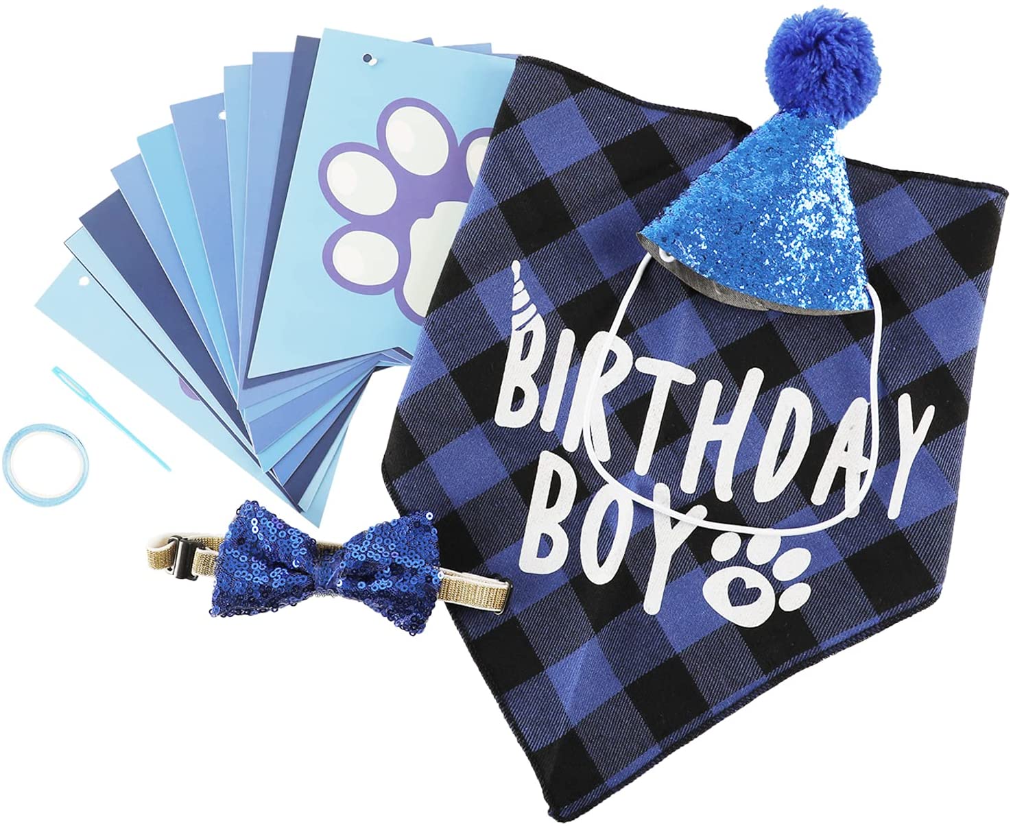 KUTKUT Dog Birthday Party Supplies, Blue Boy Dog Bandana Hat Scarfs Flag Bowtie Birthday Banner Paw Balloons Bone Foil Balloons for Boy Dog Birthday Party Decorations - kutkutstyle