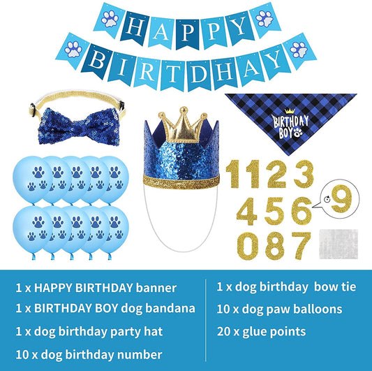 KUTKUT Dog Birthday Party Supplies, Dog Boy Birthday Hat Bandana Scarf with Cute Dog Bow Tie, Flag, Balloons for Small Medium Dogs Pets, Doggie Birthday Party Supplies Decorations - kutkutsty