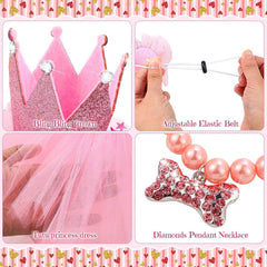 KUTKUT 4 Pieces Cute Dog Birthday Outfit with Pet Tutu Skirt Puppy Pearl Necklace Dog Crown Hat and Happy Birthday Banner for Puppy Dog Pet Cat Girl Birthday Party Supplies (Pink) - kutkutsty