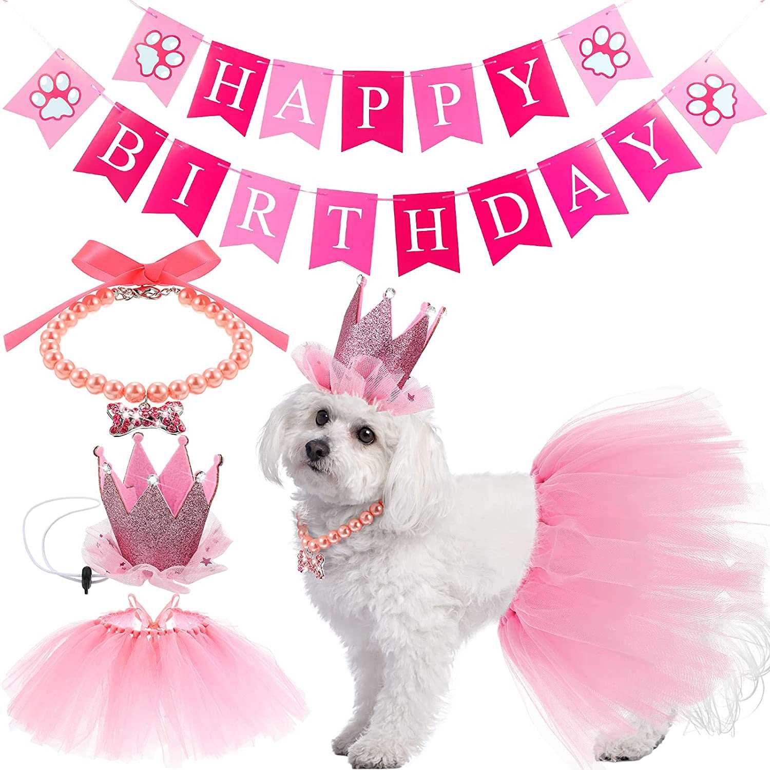 KUTKUT 4 Pieces Cute Dog Birthday Outfit with Pet Tutu Skirt Puppy Pearl Necklace Dog Crown Hat and Happy Birthday Banner for Puppy Dog Pet Cat Girl Birthday Party Supplies (Pink)-Birthday Combos-kutkutstyle