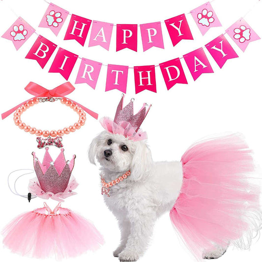 KUTKUT 4 Pieces Cute Dog Birthday Outfit with Pet Tutu Skirt Puppy Pearl Necklace Dog Crown Hat and Happy Birthday Banner for Puppy Dog Pet Cat Girl Birthday Party Supplies (Pink) - kutkutsty