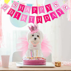 KUTKUT 4 Pieces Cute Dog Birthday Outfit with Pet Tutu Skirt Puppy Pearl Necklace Dog Crown Hat and Happy Birthday Banner for Puppy Dog Pet Cat Girl Birthday Party Supplies (Pink) - kutkutsty