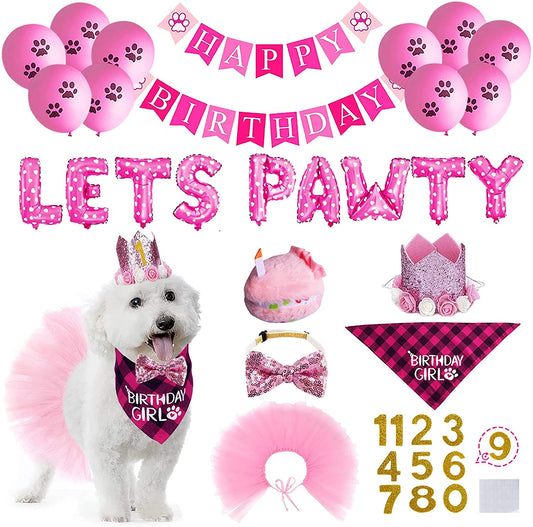 KUTKUT Dog Birthday Bandana Girl with Dog Birthday Number Hat Bowtie Tutu Skirt Cake Toy Lets Pawty Paw Balloons Dog Happy Birthday Banner for Dog Puppy Birthday Party Supplies - kutkutstyle