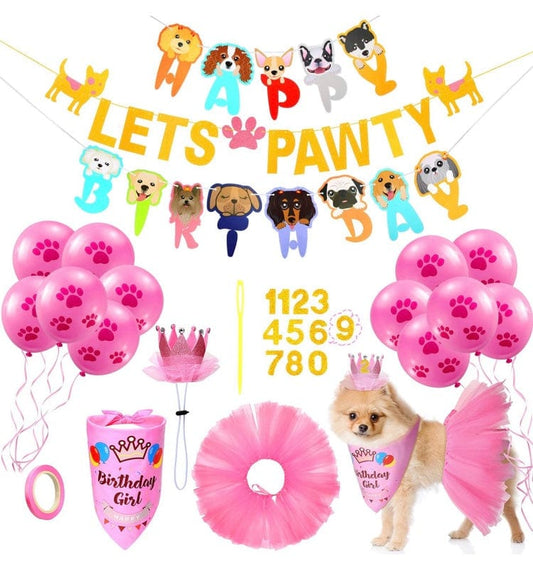 KUTKUT Dog Birthday Bandana | Tutu Skirt, Crown Hat 0-8 Figure Pet Happy Birthday Triangle Scarf | Let's Pawty Banner and 10 Pieces 10 Inch Paw Print Balloons for Pet (Pink) - kutkutstyle