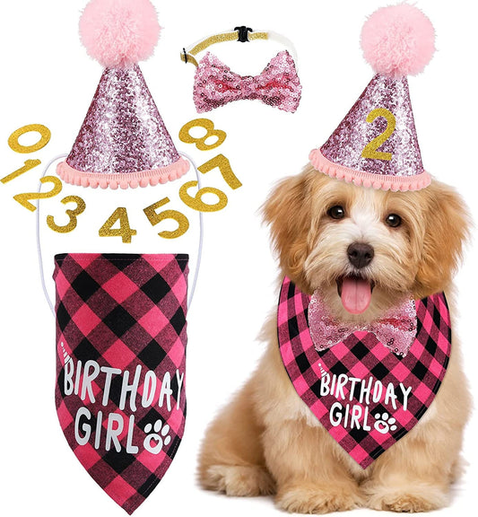 KUTKUT Dog Birthday Party Supplies Birthday Boy Dog Bandana Triangle Scarf Clothes Shirt Cute Dog Hat Dog Bow Tie Collar with 0-8 Numbers for Puppy Dog 1st Birthday Party Outfits - kutkutstyl