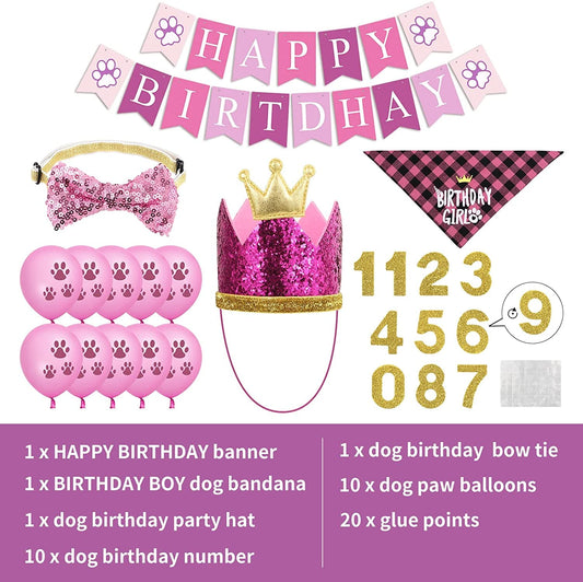 KUTKUT Dog Birthday Party Supplies, Dog Girl Birthday Hat Bandana Scarf with Cute Dog Bow Tie, Flag, Balloons for Small Medium Dogs Pets, Doggie Birthday Party Supplies Decorations - kutkutst