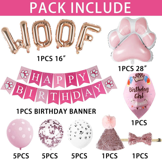 KUTKUT Dog Birthday Party Supplies, Pink Girl Dog Bandana Hat Scarfs Flag Bowtie Birthday Banner Paw Balloons Paw Foil Balloons for Girl Dog Birthday Party Decorations - kutkutstyle
