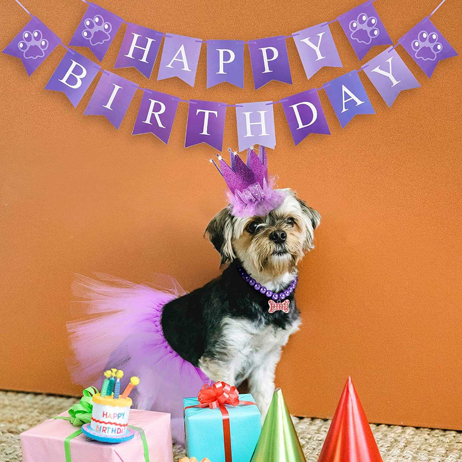 KUTKUT 4 Pieces Cute Dog Birthday Outfit with Pet Tutu Skirt Puppy Pearl Necklace Dog Crown Hat and Happy Birthday Banner (Purple) - kutkutstyle