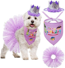 KUTKUT Dog Birthday Bandana Girl - Charming Princess Birthday Party Outfits Supplies, Purple Tutu Skirt, Hat & Bibs Scarf Set for Pet Puppy Cat - kutkutstyle