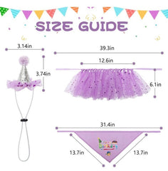 KUTKUT Dog Birthday Bandana Girl - Charming Princess Birthday Party Outfits Supplies, Purple Tutu Skirt, Hat & Bibs Scarf Set for Pet Puppy Cat - kutkutstyle