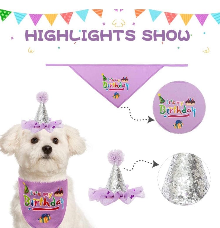 KUTKUT Dog Birthday Bandana Girl - Charming Princess Birthday Party Outfits Supplies, Purple Tutu Skirt, Hat & Bibs Scarf Set for Pet Puppy Cat - kutkutstyle