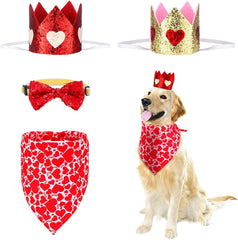 KUTKUT Valentine's Day Birthday Dog Pet Hearts Crown Headband and Red Sequin Dog Bowtie Collar Valentines Dog Bandana Pet Triangle Heart Love Bibs Scarfs Set for Dog Cat - kutkutstyle