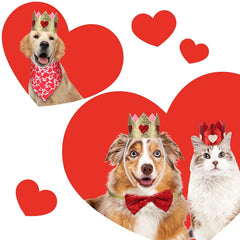 KUTKUT Valentine's Day Birthday Dog Pet Hearts Crown Headband and Red Sequin Dog Bowtie Collar Valentines Dog Bandana Pet Triangle Heart Love Bibs Scarfs Set for Dog Cat - kutkutstyle