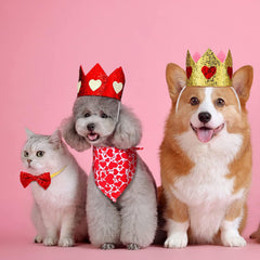KUTKUT Valentine's Day Birthday Dog Pet Hearts Crown Headband and Red Sequin Dog Bowtie Collar Valentines Dog Bandana Pet Triangle Heart Love Bibs Scarfs Set for Dog Cat - kutkutstyle