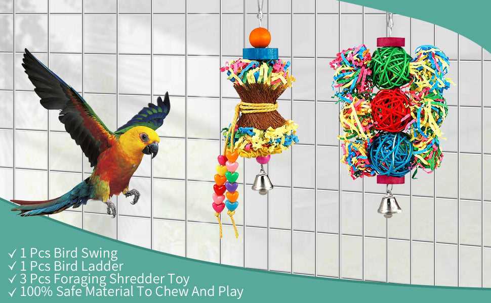 KUTKUT 5 Pcs Bird Parakeet Toys Foraging Shredding Toys Parrot Cage Accessories Hanging Toys Bird Swing Bird Ladder for Parrots Lovebird Cockatiel Conure - kutkutstyle