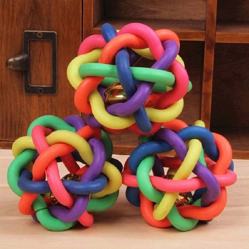 KUTKUT Woven Braided Rainbow Bouncy Rubber Chew Ball with Jingle Bell Inside for Pet Training and Teeth Cleaning Toy Suitable for Dogs Cats (Medium) - kutkutstyle