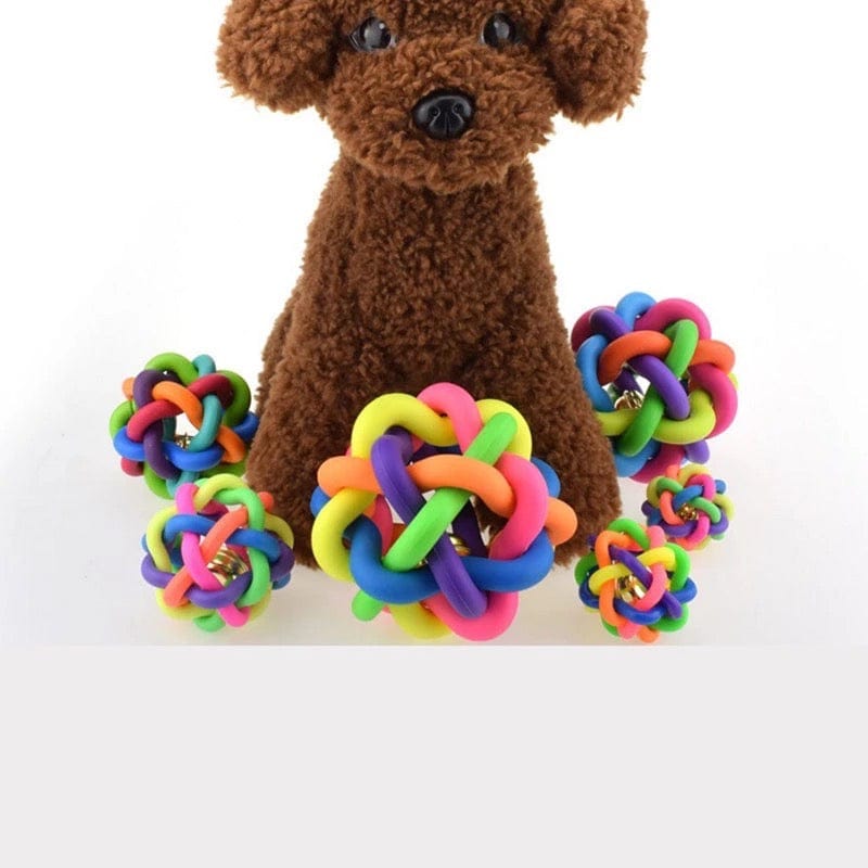 KUTKUT Woven Braided Rainbow Bouncy Rubber Chew Ball with Jingle Bell Inside for Pet Training and Teeth Cleaning Toy Suitable for Dogs Cats (Medium) - kutkutstyle