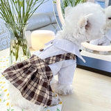 KUTKUT Coffee Plaid Bib Dress for Puppy, Small Dogs & Cats, Breathable Summer Cute Collar with Checkered Skirt Dress for Yorkie, Maltese (Multi) - kutkutstyle