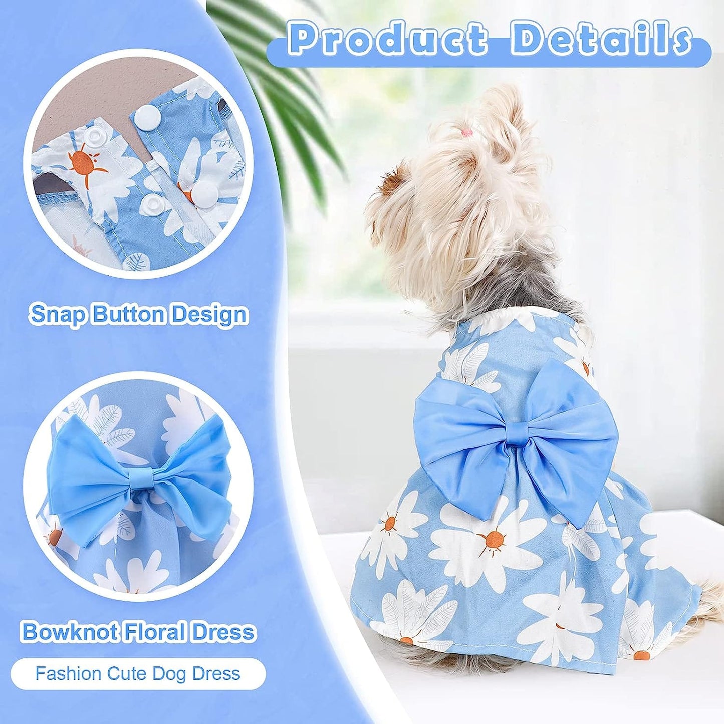 KUTKUT Cute Daisy Pattern Dog Dress with Lovely Bow Pet Apparel Dog Clothes for Small Dogs and Cats | Puppy Summer Dress Birthday Pet Apparel Dress ( Blue )-Clothing-kutkutstyle