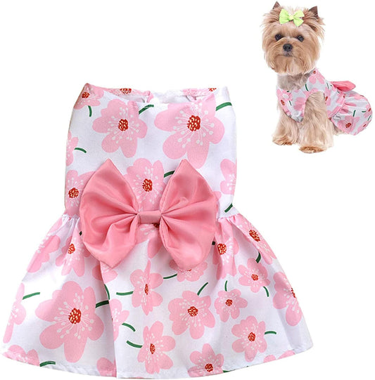 KUTKUT Cute Floral Pattern Dog Dress with Lovely Bow Pet Apparel Dog Clothes for Small Breed Dogs & Cats | Puppy Summer Dress Birthday Pet Apparel Dress (Pink) - kutkutstyle