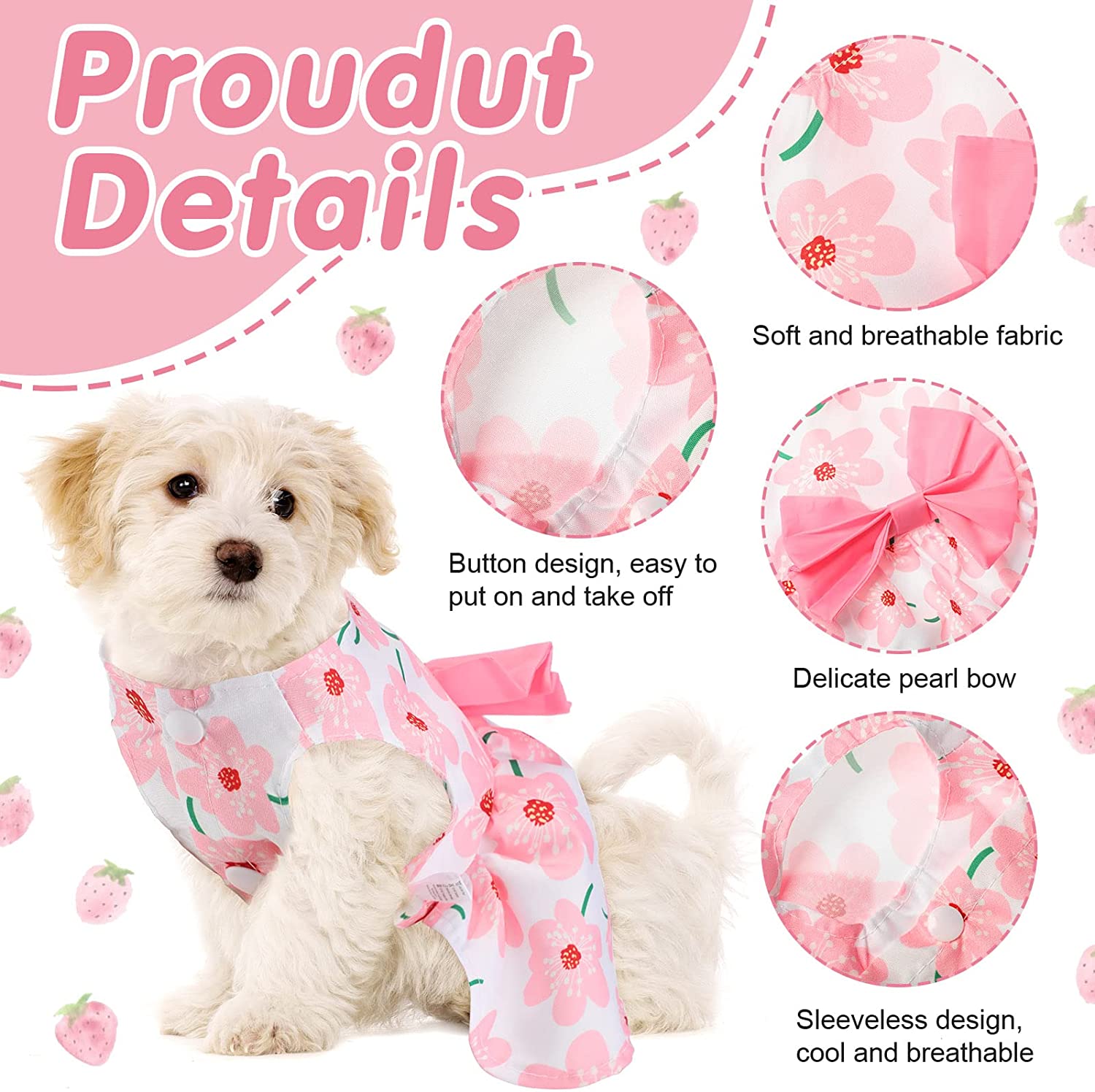 KUTKUT Cute Floral Pattern Dog Dress with Lovely Bow Pet Apparel Dog Clothes for Small Breed Dogs & Cats | Puppy Summer Dress Birthday Pet Apparel Dress (Pink) - kutkutstyle
