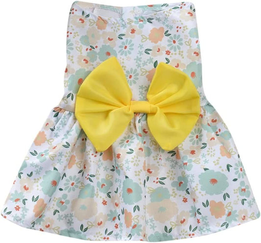 KUTKUT Cute Florals Pattern Dog Dress with Lovely Bow Pet Apparel Dog Clothes for Small Dogs and Cats | Puppy Summer Dress Birthday Pet Apparel Dress  (Yellow) - kutkutstyle