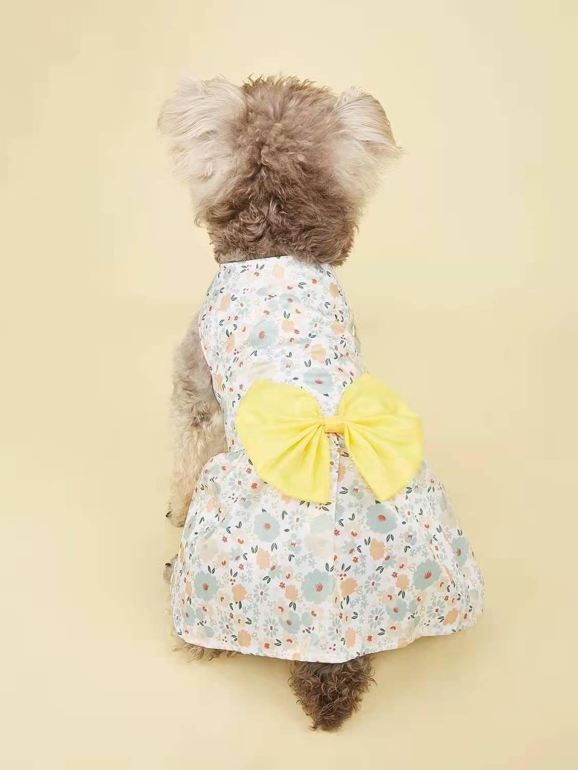 KUTKUT Cute Florals Pattern Dog Dress with Lovely Bow Pet Apparel Dog Clothes for Small Dogs and Cats | Puppy Summer Dress Birthday Pet Apparel Dress  (Yellow) - kutkutstyle