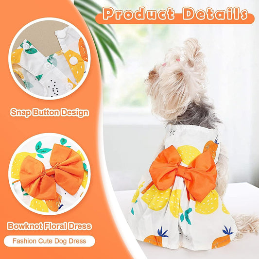 KUTKUT Cute Lemon Pattern Dog Dress with Lovely Bow Pet Apparel Dog Clothes for Small Dogs and Cats | Puppy Summer Dress Birthday Pet Apparel Dress ( Orange ) - kutkutstyle
