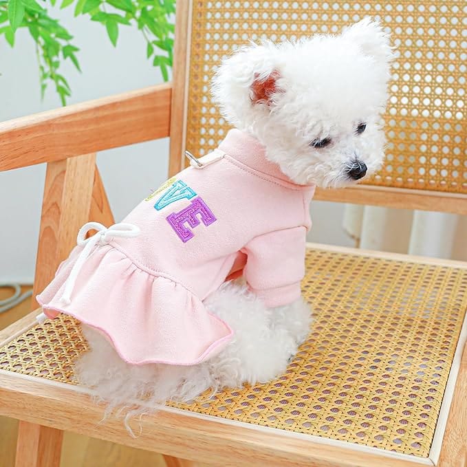 KUTKUT Cute Red Striped Winter Warm Dress for Small Dogs | Ruffeled Sleeves Coat Buttons Design Collar Dress for ShishTzu, Pug, Poodle etc - kutkutstyle