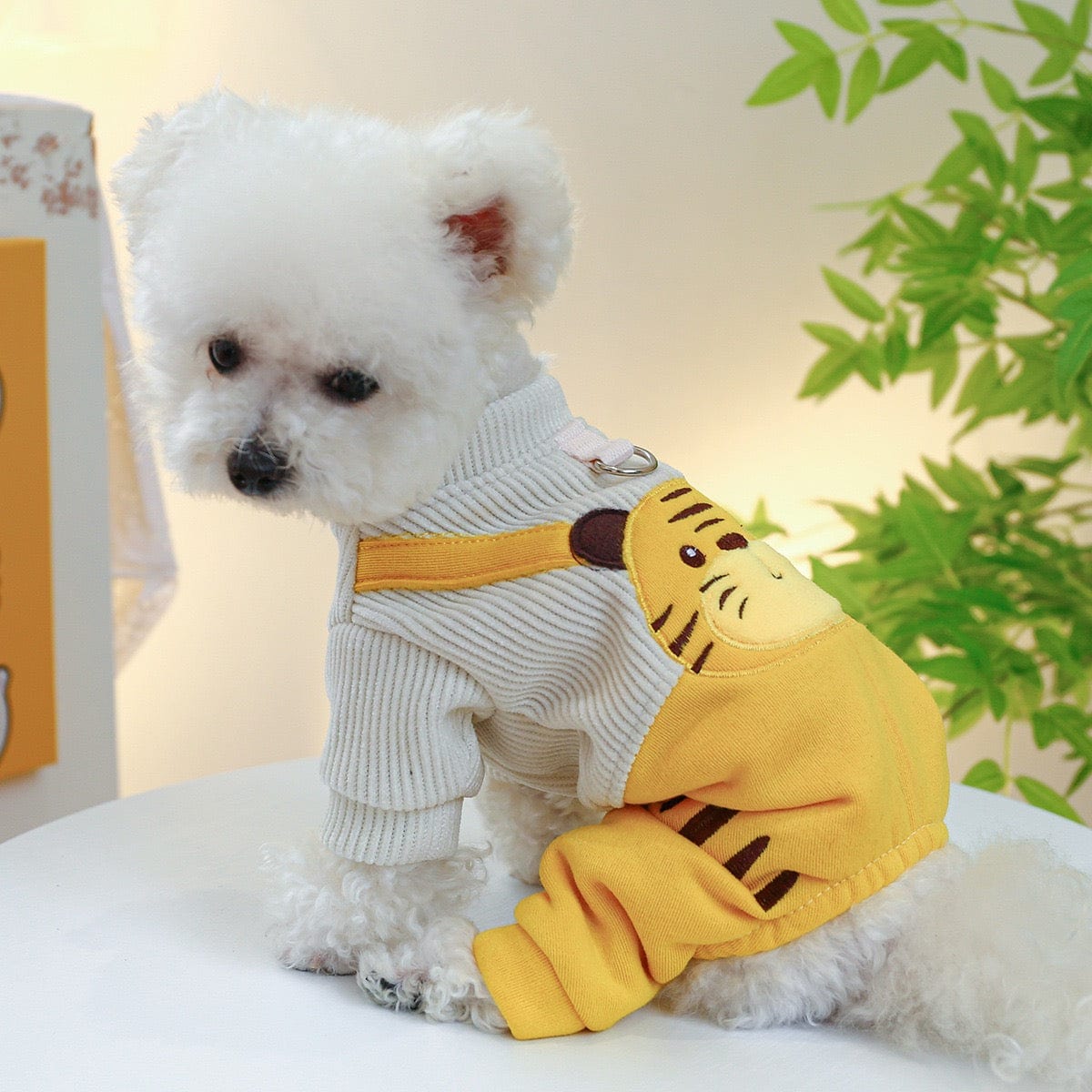 KUTKUT Cute Tiger Bib Dog Pajamas, Winter Romper With Drawstring Buckle For Small Dogs, Warm Dog Clothes With Leash Ring All-in-One Jumpsuit For Small Dogs KUTKUT Cute Tiger Bib Dog Pajamas, Winter Romper With Drawstring Buckle For Small Dogs, Warm Dog Clothes With Leash Ring All-in-One Jumpsuit For Small Dogs