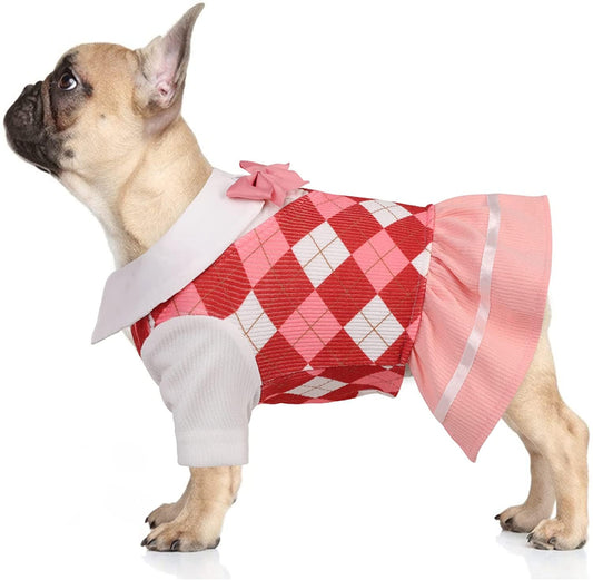 KUTKUT Dog Cat Plaid Dress for Small Pets Puppy Kitten Plaid Ruffle Dog Dress, Small Dogs Girl Summer Dress with Bow, Pet Party & Daily Apparel for Dogs/Cats (Red) - kutkutstyle