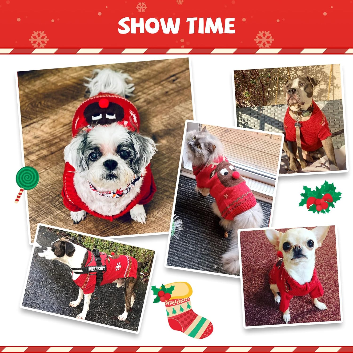 KUTKUT Dog Christmas Sweater Cute Red Reindeer Dog Knitted Pullover for Small Medium Large Dogs Cats Warm Xmas Pet Outfit Puppy Knit Jumper New Year Fall Winter Holiday Dog Clothes - kutkutst