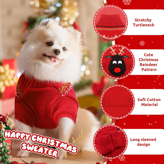 KUTKUT Dog Christmas Sweater Cute Red Reindeer Dog Knitted Pullover for Small Medium Large Dogs Cats Warm Xmas Pet Outfit Puppy Knit Jumper New Year Fall Winter Holiday Dog Clothes - kutkutst