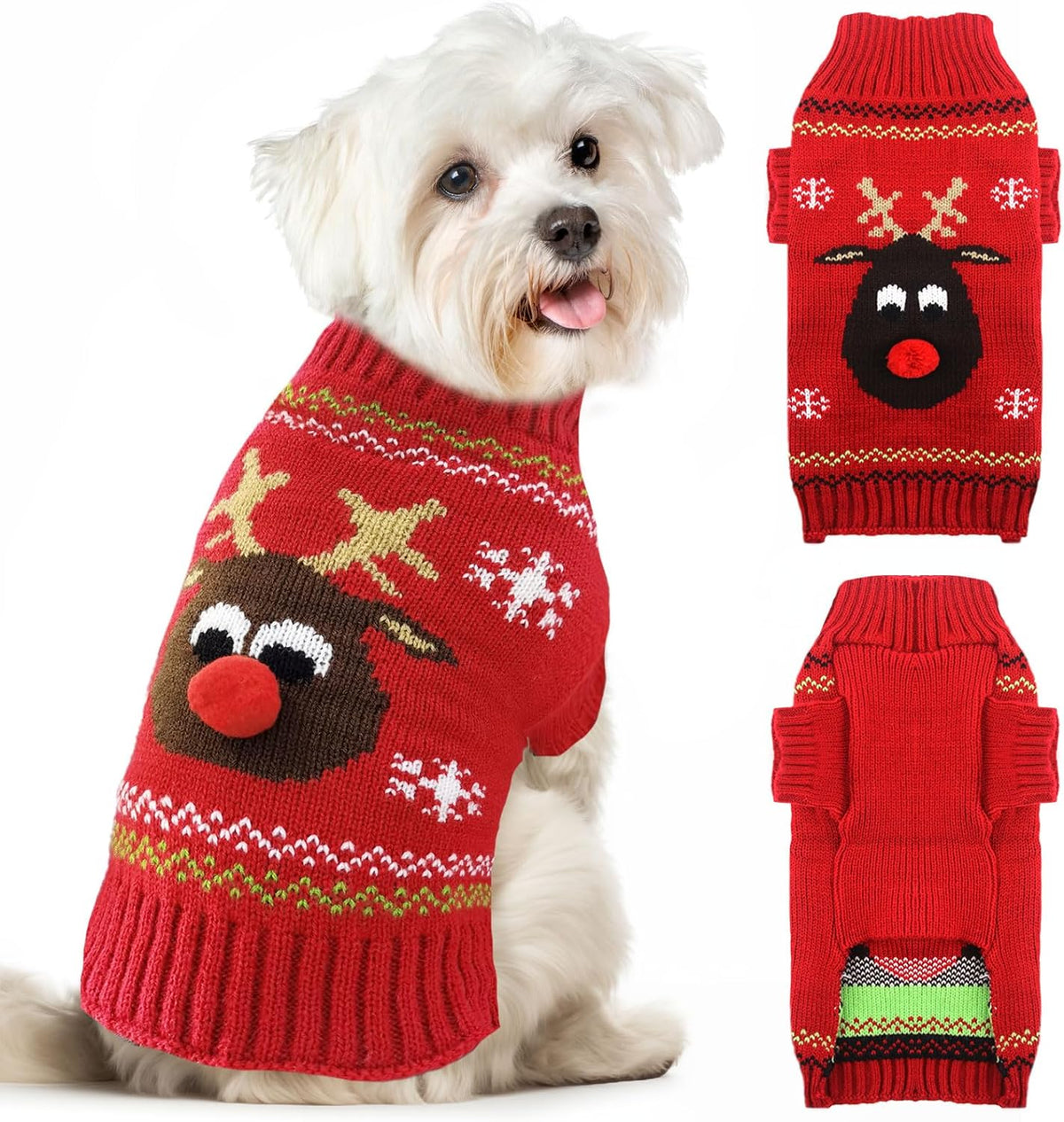 KUTKUT Dog Christmas Sweater Cute Red Reindeer Dog Knitted Pullover for Small Medium Large Dogs Cats Warm Xmas Pet Outfit Puppy Knit Jumper New Year