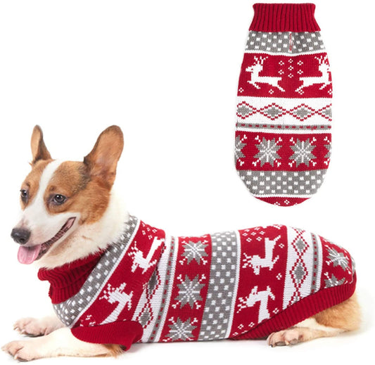 KUTKUT Dog Christmas Sweater | Cute Reindeer Snowflakes Knit Sweater | Pet Holiday Cloth Soft Warm Turtleneck Knitwear for Small, Medium & Large Dogs (Red) - kutkutstyle