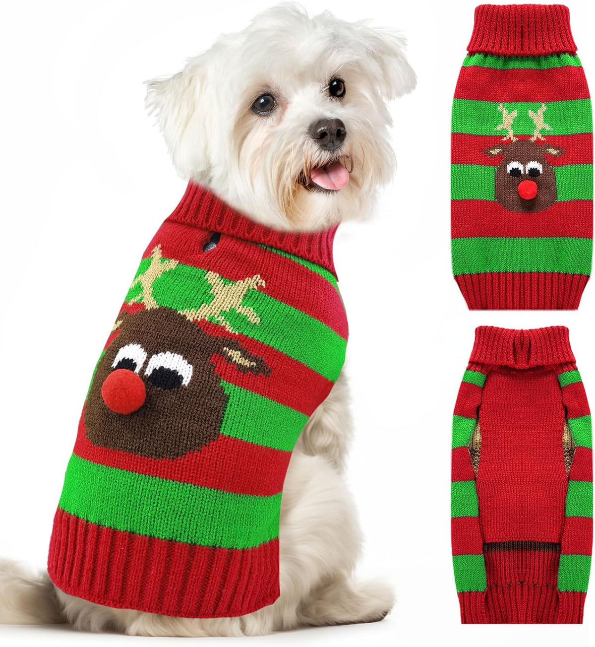 KUTKUT Dog Christmas Sweater Cute Striped Elk Dog Knitted Pullover for Small Medium Large Dogs Cats Warm Xmas Puppy Knit Jumper New Year Fall Winter Dog Clothes Outfits - kutkutstyle