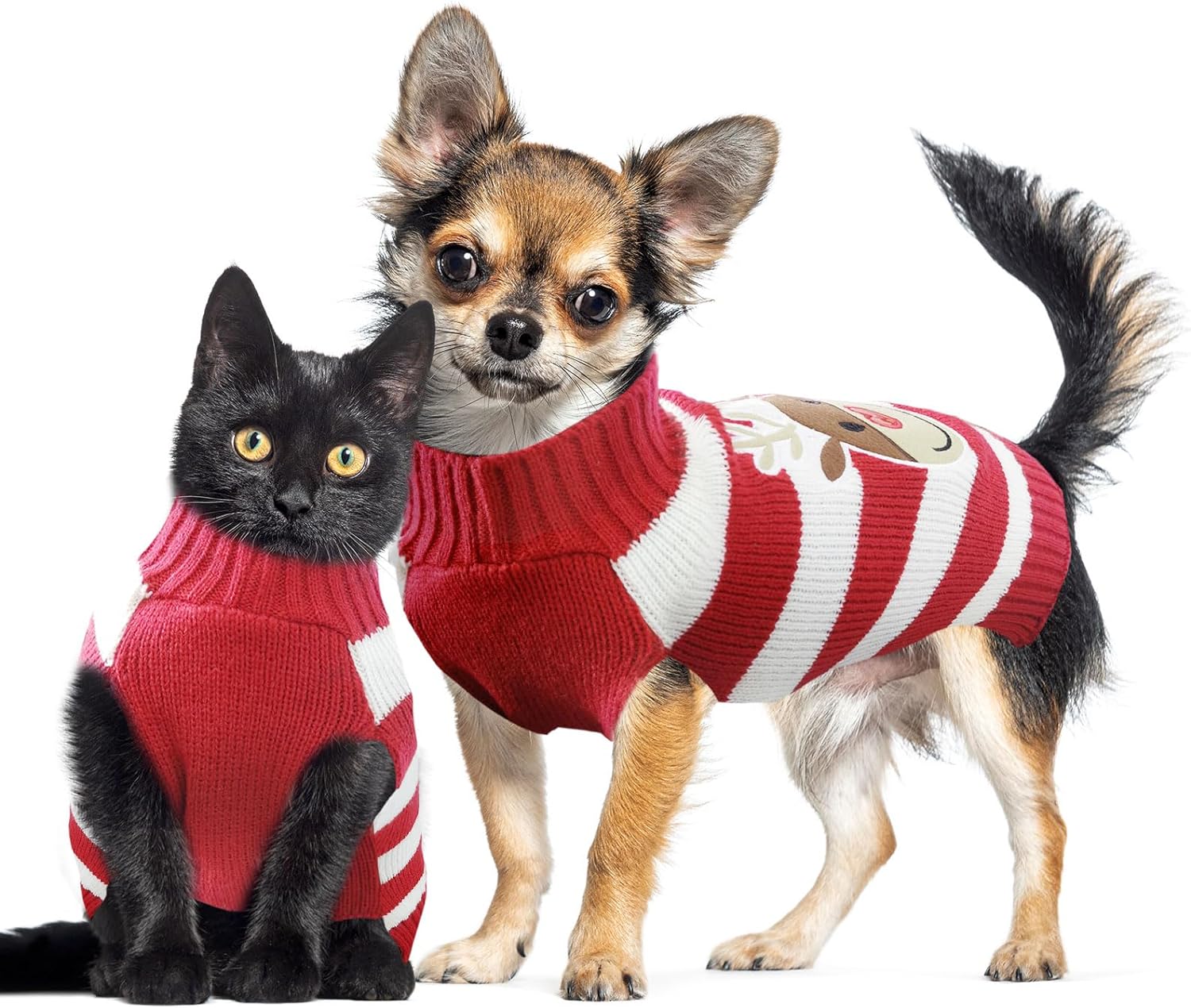 KUTKUT Dog Christmas Sweater Cute Striped Reindeer Xmas Pet Clothes Holiday Puppy Cat Costume New Year Gifts for Small Dogs Cats Turtleneck Knitted Pullover - kutkutstyle
