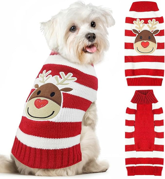 KUTKUT Dog Christmas Sweater Cute Striped Reindeer Xmas Pet Clothes Holiday Puppy Cat Costume New Year Gifts for Small Dogs Cats Turtleneck Knitted Pullover - kutkutstyle