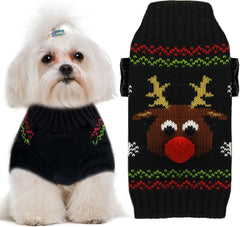 KUTKUT Dog Christmas Sweater Soft Warm Fall Winter Turtleneck Knitted Puppy Clothes Cute Reindeer Black Xmas Short Sleeves Clothing for Small Medium Dogs Cat - kutkutstyle