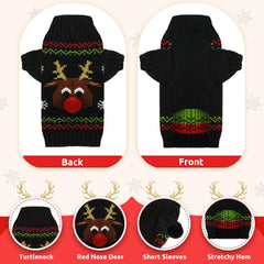 KUTKUT Dog Christmas Sweater Soft Warm Fall Winter Turtleneck Knitted Puppy Clothes Cute Reindeer Black Xmas Short Sleeves Clothing for Small Medium Dogs Cat - kutkutstyle