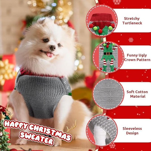 KUTKUT Dog Christmas Sweaters Ugly Clown Dog Turtleneck Knitted Pullover Puppy Clothes for Small Dogs Cats Xmas Pet Outfit Jumper - kutkutstyle