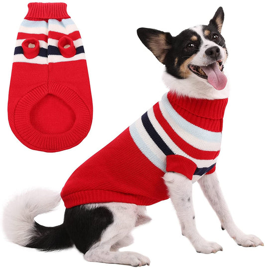 KUTKUT Dog Sweater | Warm Strip Dog Winter Knitwear Clothes with Elastic Leg Bands | Soft Acrylic Knitted Pet Pullover for Small Medium Large Doggy (Red) - kutkutstyle
