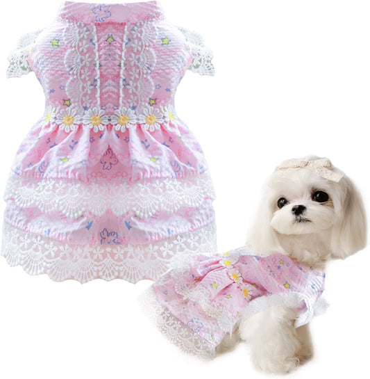 KUTKUT Flowers Decor Eelgant Lace Princess Dress for Small Dogs | Cute Summer Skirt Dress for Shish Tzu, Bichon, Maltese etc (Pink) - kutkutstyle