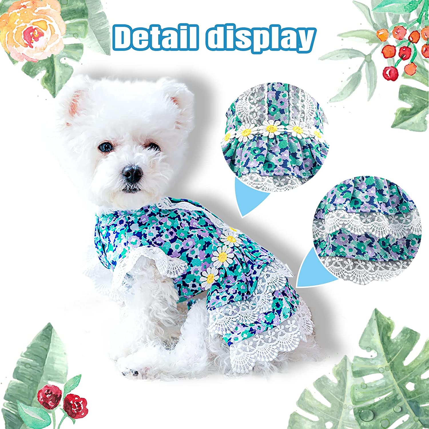 KUTKUT Flowers Decor Eelgant Lace Princess Dress for Small Dogs | Cute Summer Skirt Dress for ShishTzu, Bichon, Maltese etc  ( Green ) - kutkutstyle