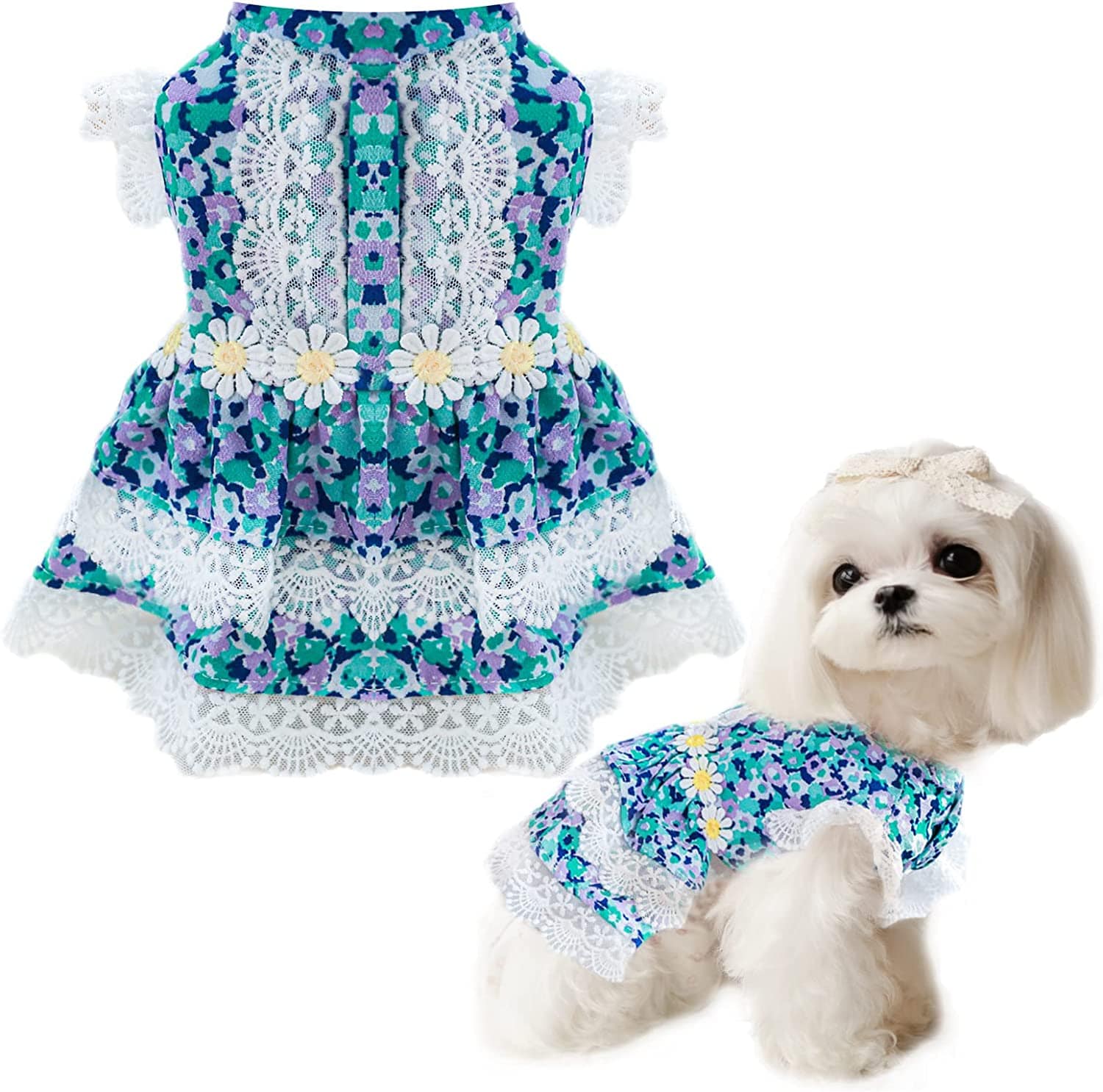 KUTKUT Flowers Decor Eelgant Lace Princess Dress for Small Dogs | Cute Summer Skirt Dress for ShishTzu, Bichon, Maltese etc  ( Green ) - kutkutstyle