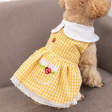 KUTKUT High Collar with 2 Pockets Décor Party Dress for Small Dogs| Plaid Pattern Ladybug Print Sleeveless Lapel Skirt for Shish Tzu, Pug, Poodle (yellow) - kutkutstyle