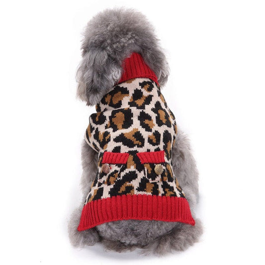 KUTKUT Leopard and Pocket Pattern Stretchable Knitted Warm Puppy Turtleneck Winter Warm Sweater For Large Dogs - kutkutstyle