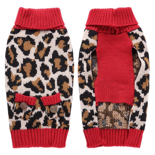 KUTKUT Leopard and Pocket Pattern Stretchable Knitted Warm Puppy Turtleneck Winter Warm Sweater For Large Dogs - kutkutstyle